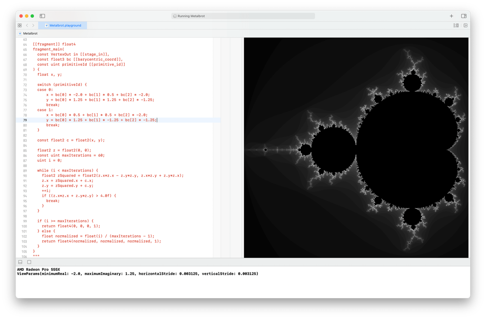 Mandelbrot set rendered using barycentric coordinates