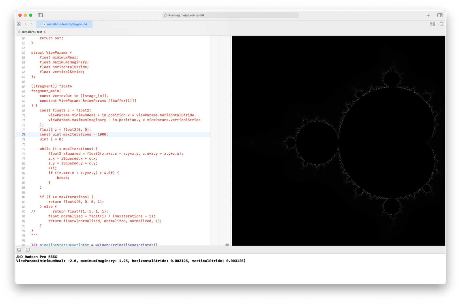 The Mandelbrot set rendered with 800 × 800 pixels, in shades of gray, with a maximum of 1000 iterations per pixel
